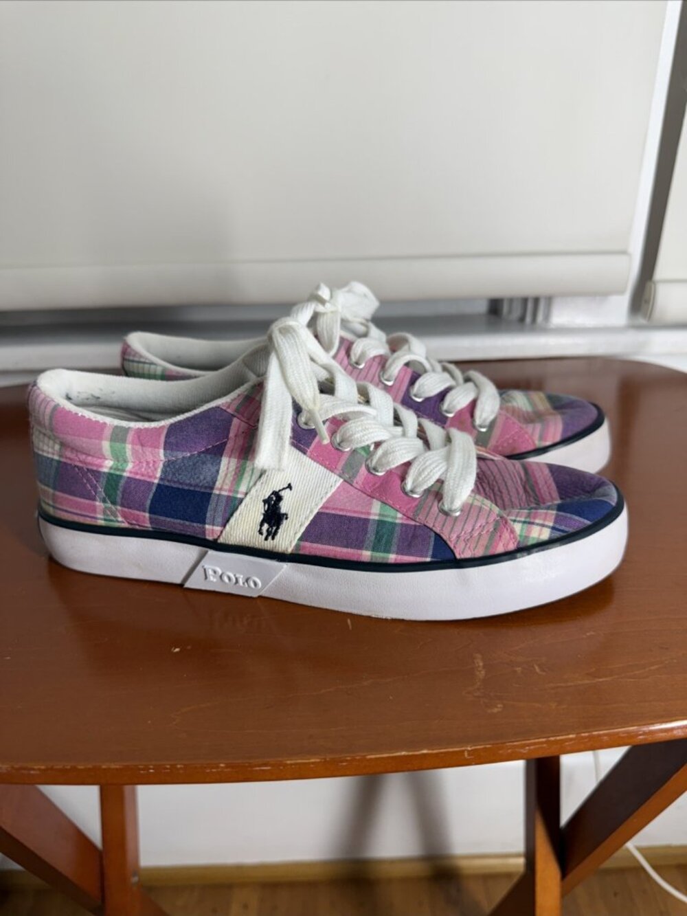 VTG Polo Ralph Lauren Boat Shoes Giles Madras Plaid Canvas Sneakers Lace Up SZ 5